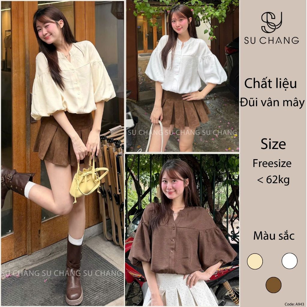 Áo Babydoll Cổ V Tay Bồng Đũi Hàn Bo Chun A943 Su Chang Thời Trang Nữ