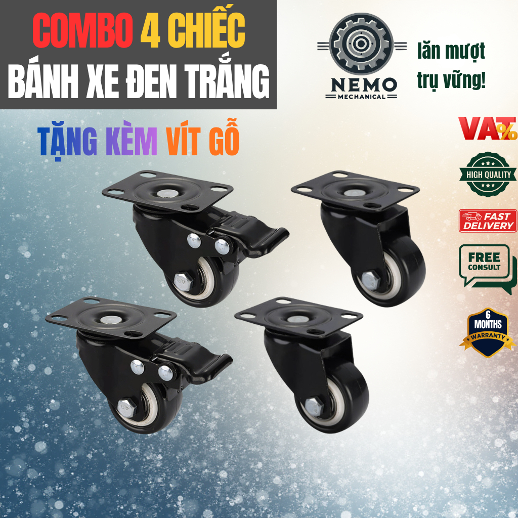 Combo bánh xe đẩy hàng nhựa PVC đen trắng 4cm và 5cm, có bạc đạn, tặng vít gỗ