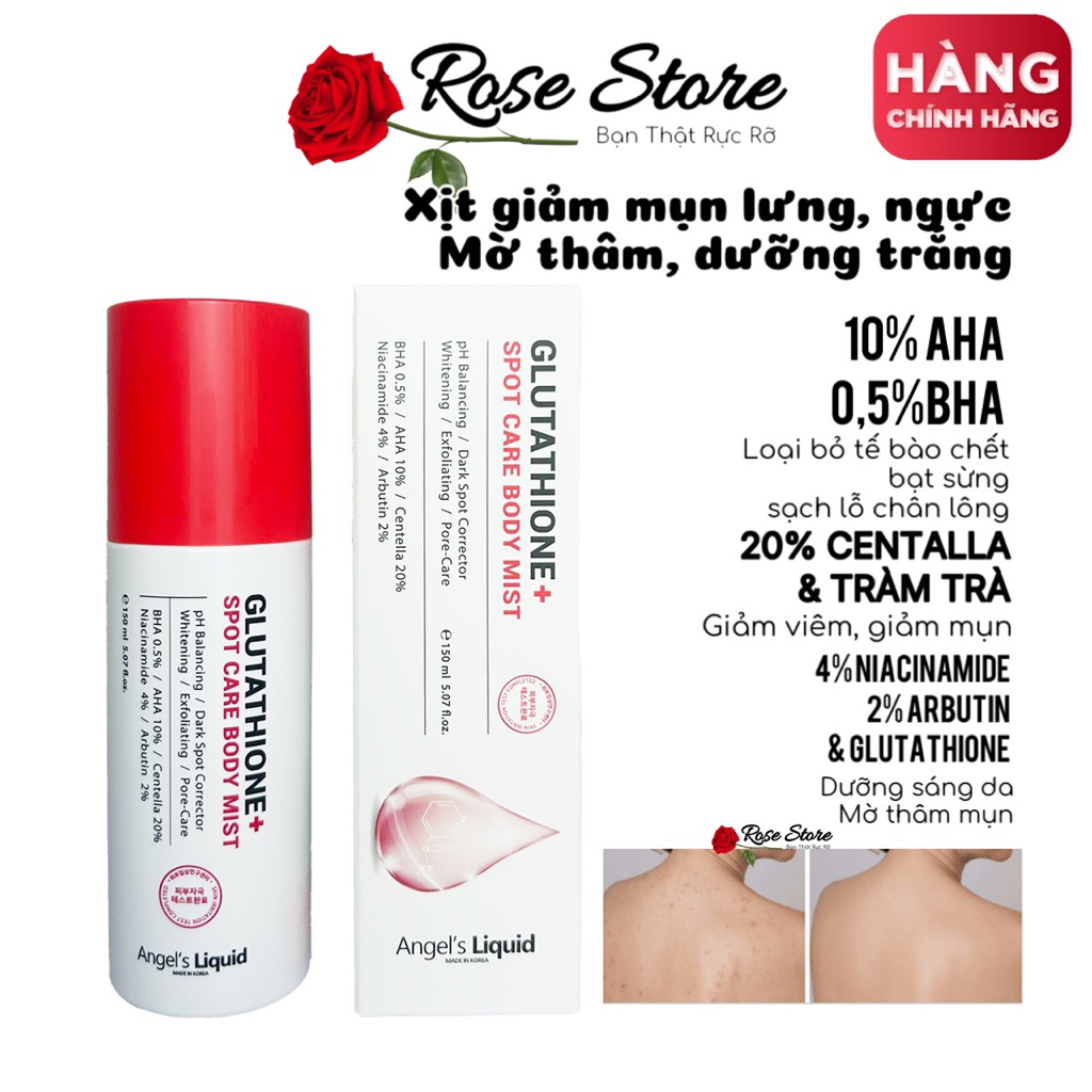 [SALE FULL SIZE] Xịt giảm mụn lưng, dưỡng trắng cơ thể Angel's Liquid Glutathione Plus Centella Calming Body Mist 150ml