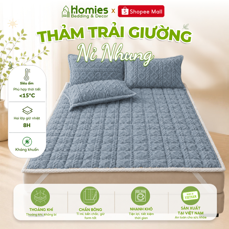 [SALE] Thảm trải giường lông cừu HOMIES Bedding & Décor 7 Màu 2026, nỉ nhung 3 lớp - Đủ Kích Thước