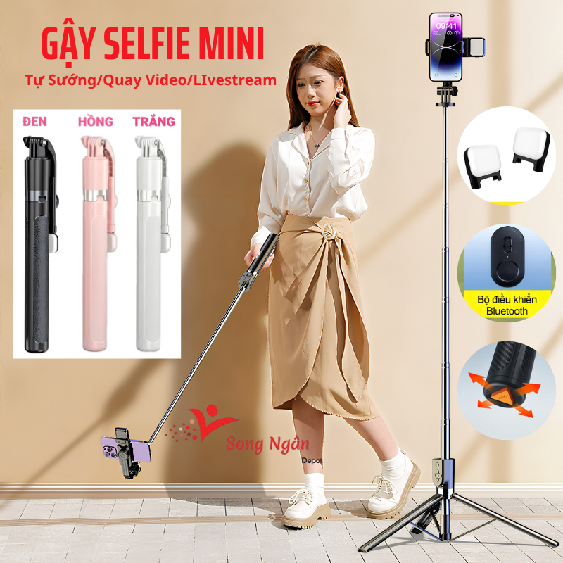 Gậy chụp ảnh Selfie 3 chân 1M75 điều khiển từ xa có phân loại đèn trợ sáng Tripod chụp ảnh - quay - livestream