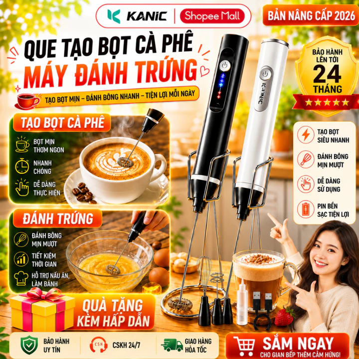 Máy tạo bọt cafe KANIC, dụng cụ đánh trứng mini cầm tay không dây pha chế tiện lợi 3 tốc độ sử dụng pin sạc usb cao cấp