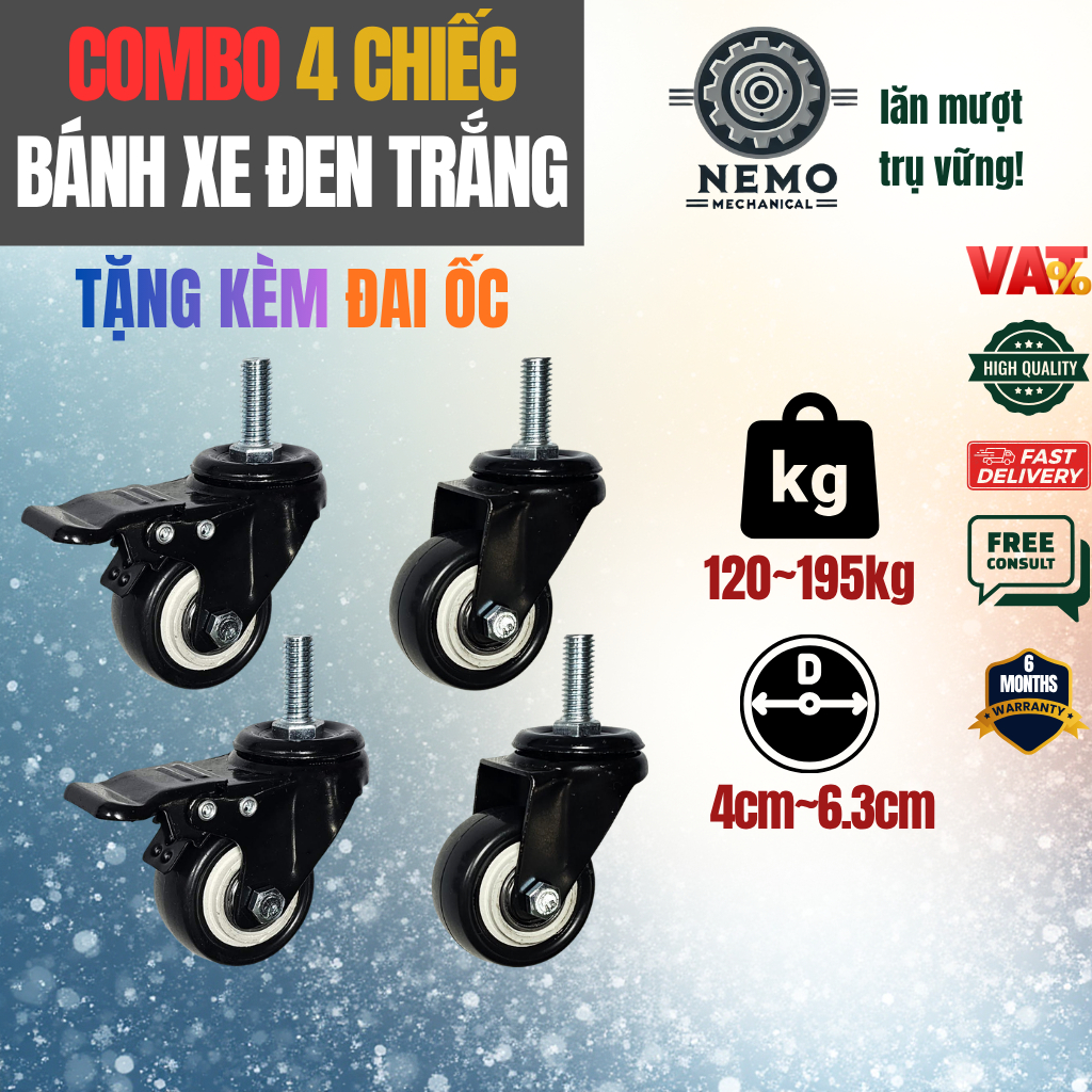 Combo bánh xe đẩy hàng nhựa PVC đen trắng, loại cọc vít, chịu tải tốt, đường kính 4cm, 5cm. 6.3cm