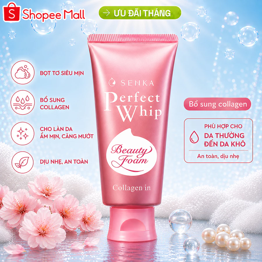 Sữa rửa mặt Senka Perfect Whip Collagen 120g - bao bì sản phẩm