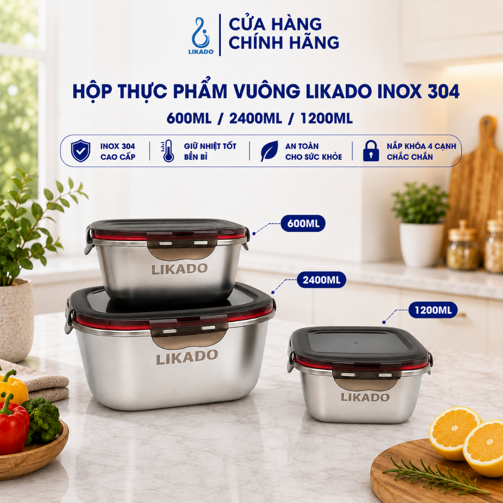Hộp thực phẩm vuông Likado inox 304 dung tích 600ml, 1200ml, 2400ml