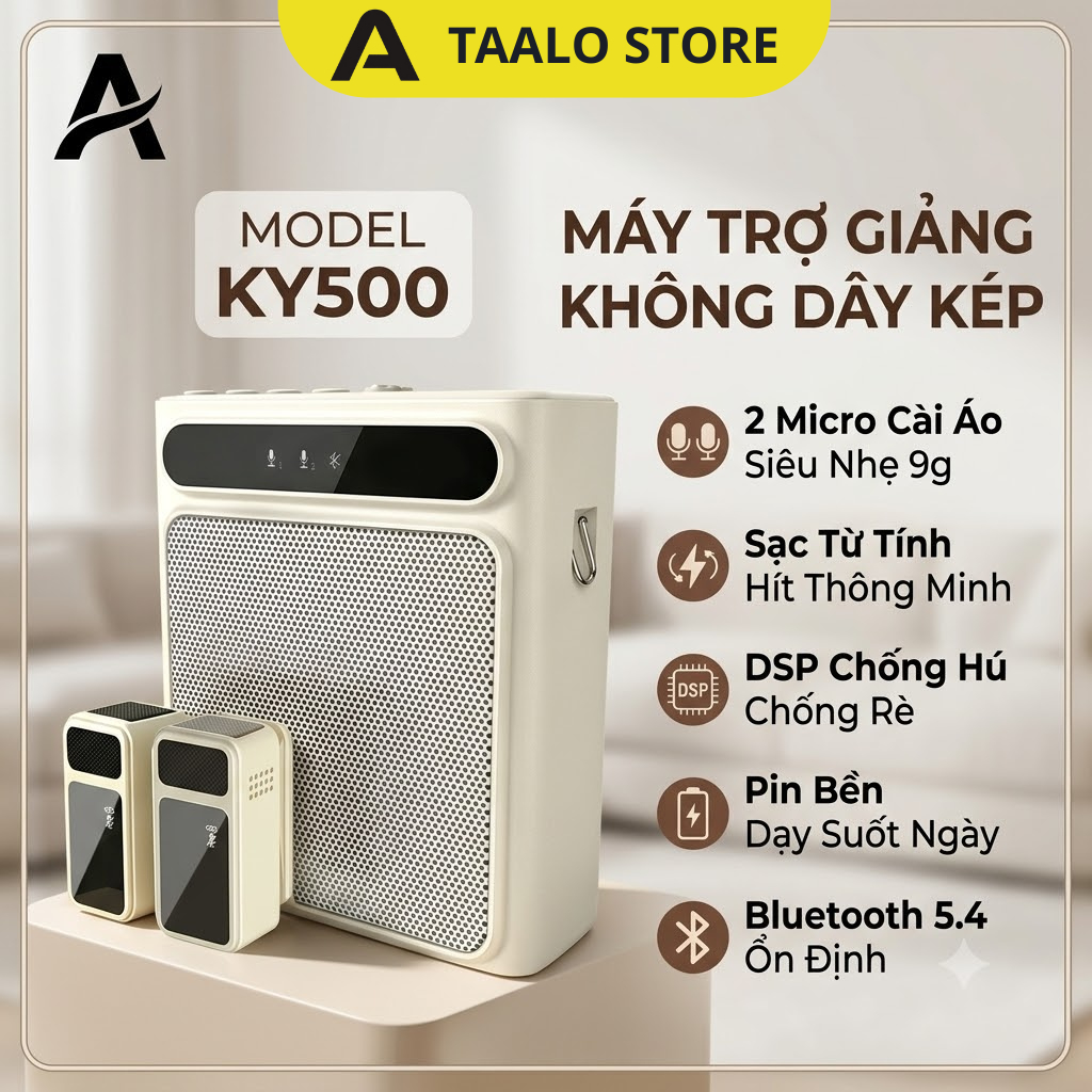 Máy Trợ Giảng Không Dây KY500 TAALO - 2 Mic Cài Áo 9g Bluetooth 5.4 Chống Hú Cho Giáo Viên
