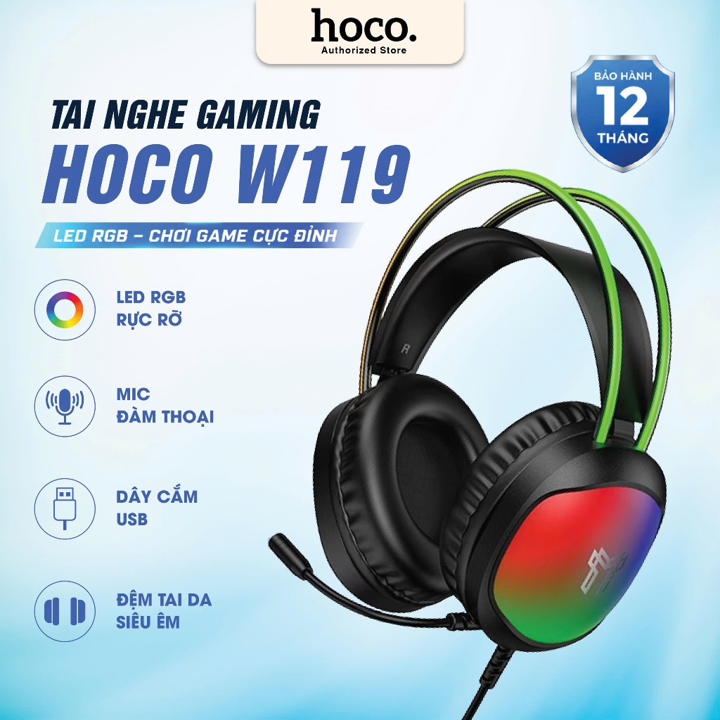 Tai Nghe Gaming Hoco W119 Đèn LED RGB Tai Chụp Chơi Game Đệm Da Êm Ái Mic HD Chống Ồn Cổng USB Âm Thanh Sống Động