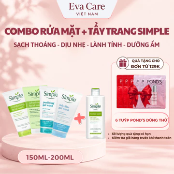 Combo Simple Sữa Rửa Mặt 150ML + Nước Tẩy Trang 200ML Sạch Sâu Lành Tính Dịu Nhẹ Cho Da