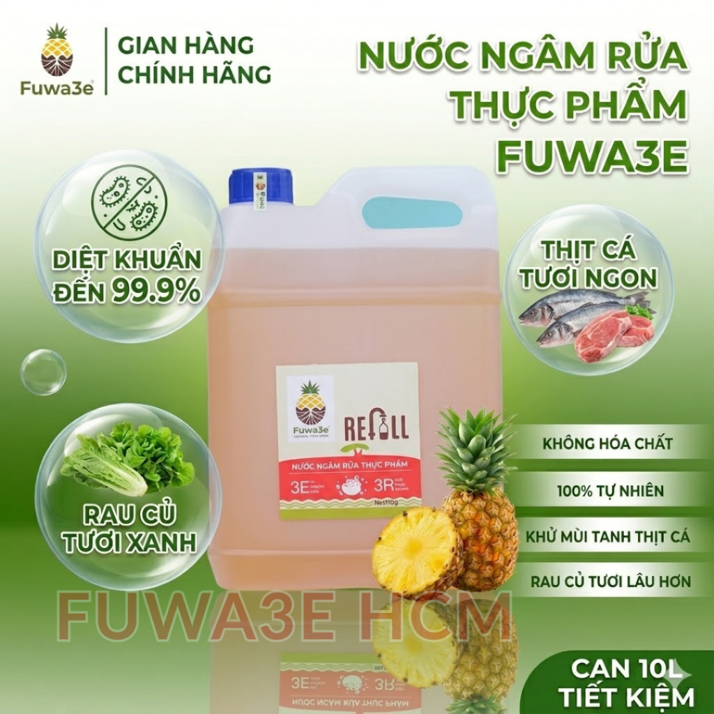 [SALE CAN 10L tiết kiệm] Nước Ngâm Rửa Thực Phẩm sinh học Fuwa3e an toàn, Khử Mùi tanh, khử khuẩn
