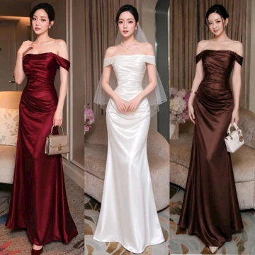 Đầm váy dạ hội, đầm dự tiệc, đầm thiết kế, đầm dáng dài, đầm đuôi cá trễ vai, bẹt vai lụa tráng gương sang trọng cao cấp