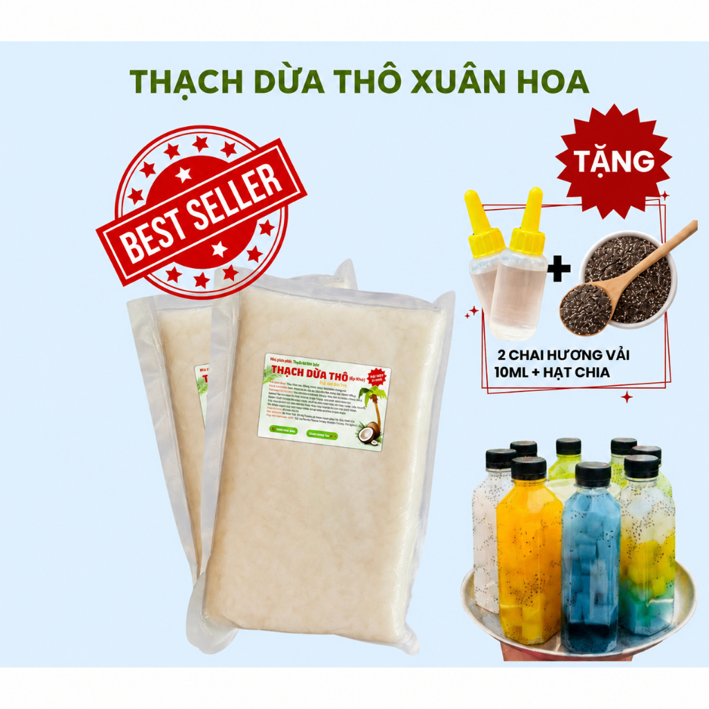 Combo 2Kg Thạch Dừa Thô (Ép khô loại 1)(Size 15Li) Tặng Kèm Hương Vải và Hạt Chia
