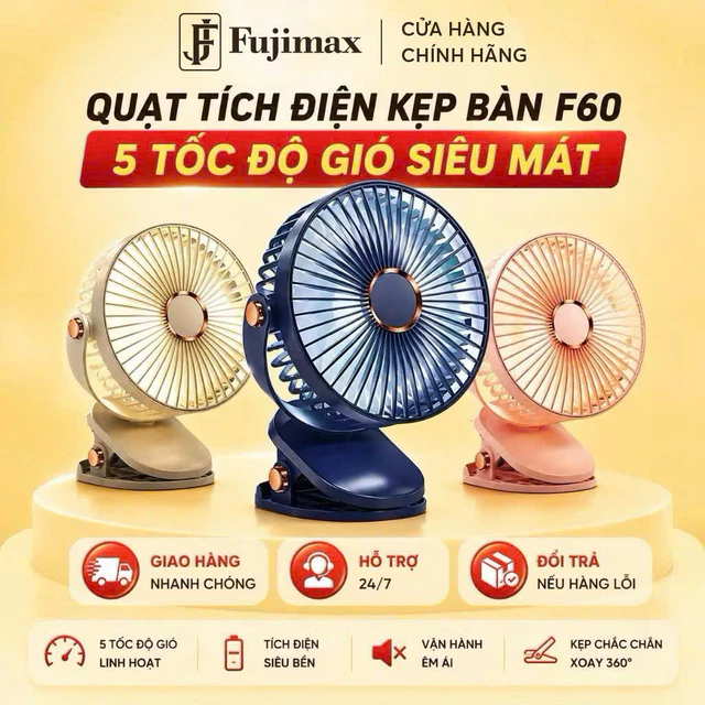 [ CHÍNH HÃNG] Quạt tích điện để bàn, kẹp bàn, kẹp xe đẩy, quạt mini FujiMax 50 giờ liên tục, Có đèn