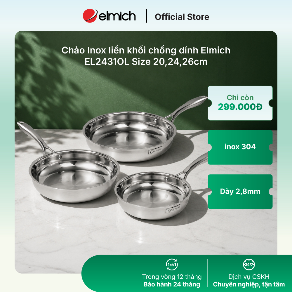 Chảo Inox dập nguyên khối Elmich EL2431OL Size 20,24,26cm