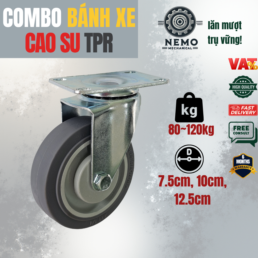 Combo bánh xe đẩy hàng cao su TPR xám D75-D125, tải trọng 240-405kg, giảm ồn, bảo vệ sàn gỗ