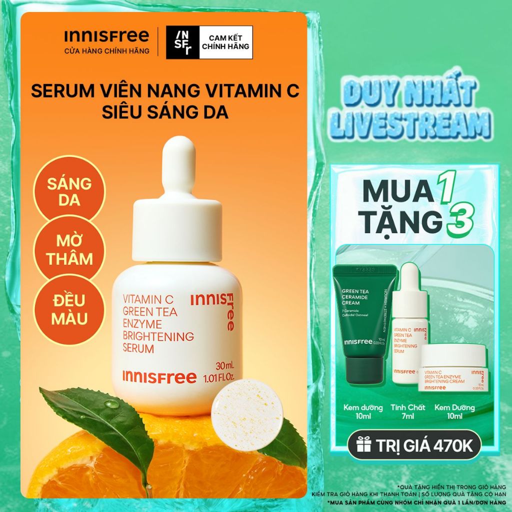 INNISFREE x Serum Vitamin C sáng da, mờ thâm mụn INNISFREE Green Tea Enzyme Brightening Serum 30ml