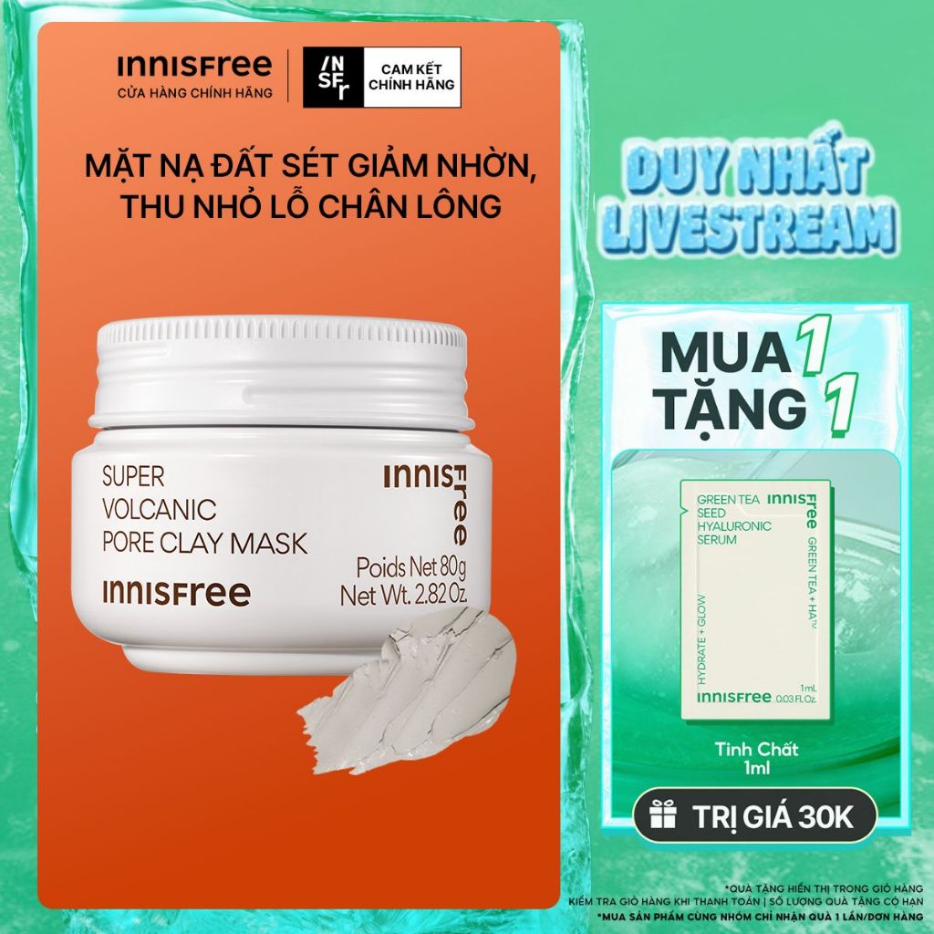 INNISFREE x Siêu mặt nạ đất sét tro núi lửa giảm nhờn, thu nhỏ lỗ chân lông INNISFREE Super Volcanic Pore Clay Mask 80G