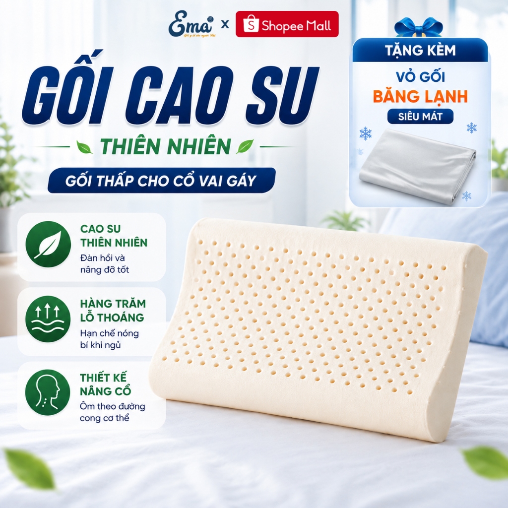 Gối Thấp Mềm Cao Su Thiên Nhiên Cho Người Đau Mỏi Cổ Vai Gáy EMA - Tặng Kèm Vỏ Băng Lạnh Siêu Mát