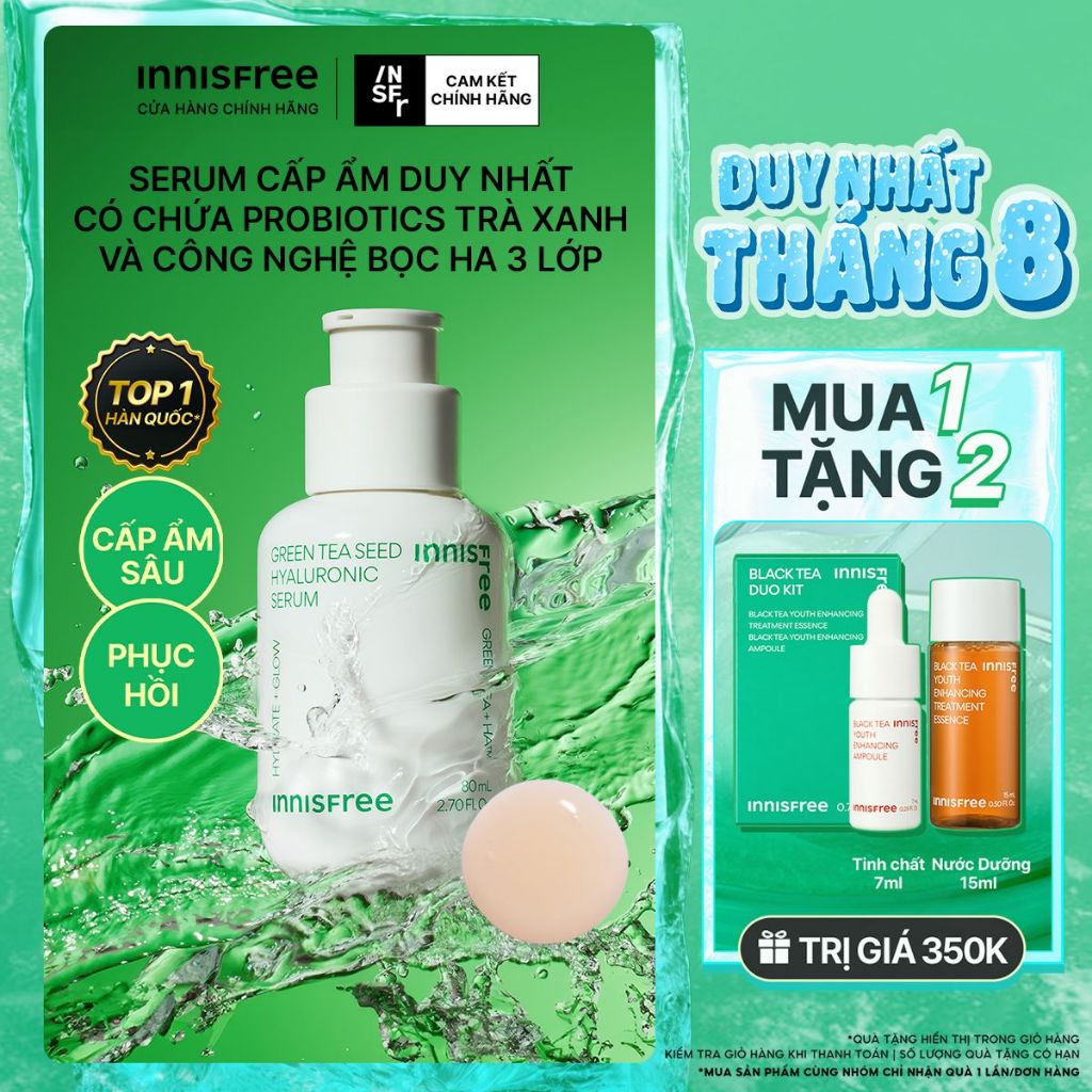 Serum trà xanh cấp ẩm sâu phục hồi da, với Probiotics INNISFREE Green Tea Seed Hyaluronic Serum 30mL