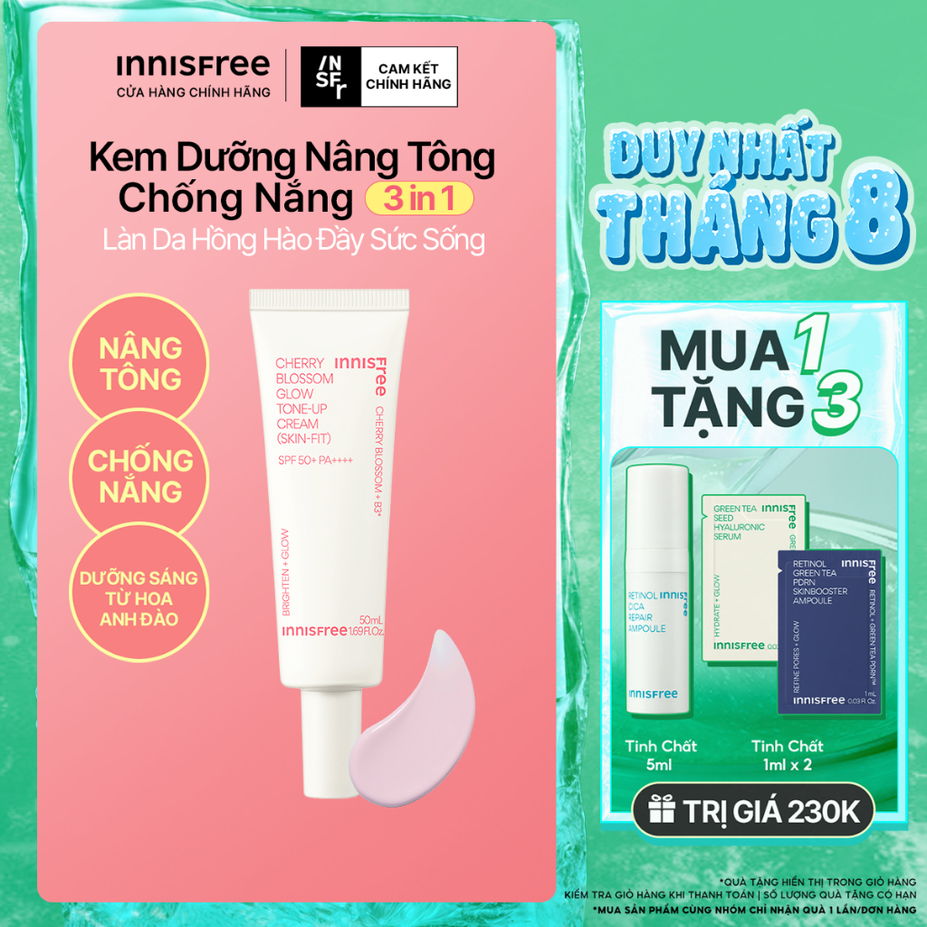 Kem dưỡng ẩm làm sáng chống nắng cho da INNISFREE Jeju Cherry Blossom Skin-Fit Tone-Up Cream SPF 50+PA++++ 50ml
