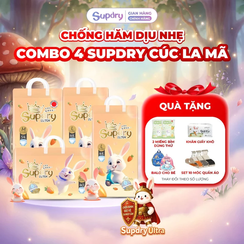 (KÈM QUÀ) COMBO 4 Tã Bỉm Supdry Ultra Cam Cao Cấp – Dịu Nhẹ, Chống Hăm Cho Da Bé Nhạy Cảm (Dán/Quần | NB–XXXL | 4–20kg) — ảnh 1