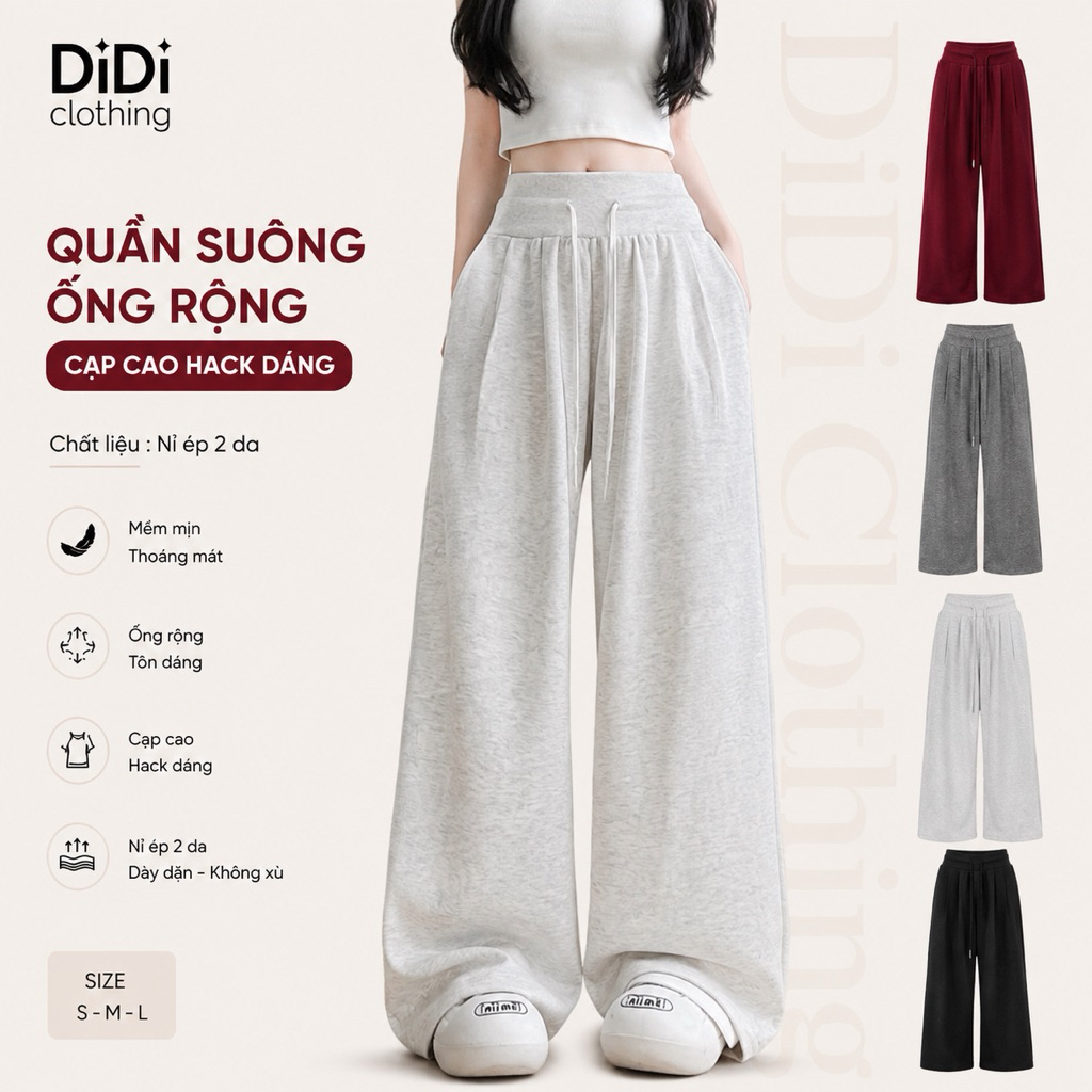Quần Suông nữ ống rộng cạp cao bo chun - hack eo siu nhỏ - Quần suông nỉ 2 da xếp ly - 145