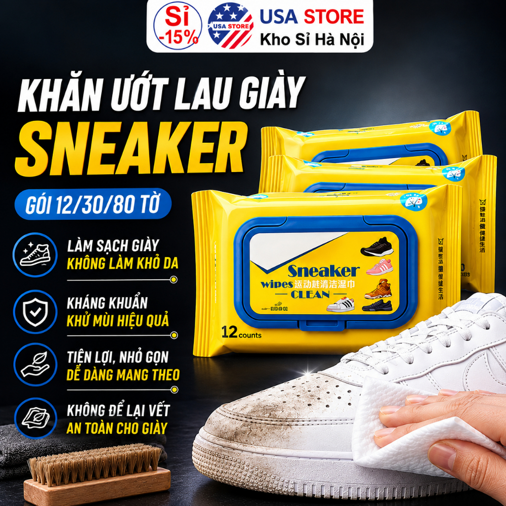 Combo 1 – 2 Gói Khăn Ướt Lau Giày Sneaker – Đánh Vết Ố Bẩn – Không Xà Phòng – Chà Giặt Khô