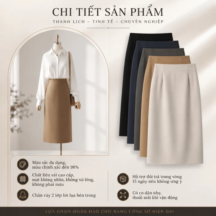 Váy Chân Váy Nữ Suông Dáng Dài 65cm CV025 - Chân Váy Công Sở Cạp Cao May Ẩn Chỉ Full Lót VinTech May Đo Luvy