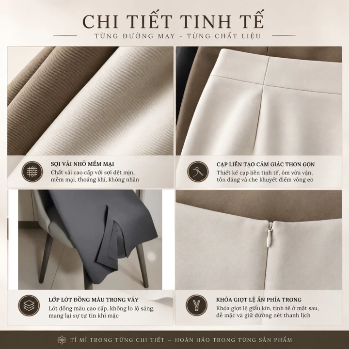 Váy Chân Váy Nữ Suông Dáng Dài 65cm CV025 - Chân Váy Công Sở Cạp Cao May Ẩn Chỉ Full Lót VinTech May Đo Luvy