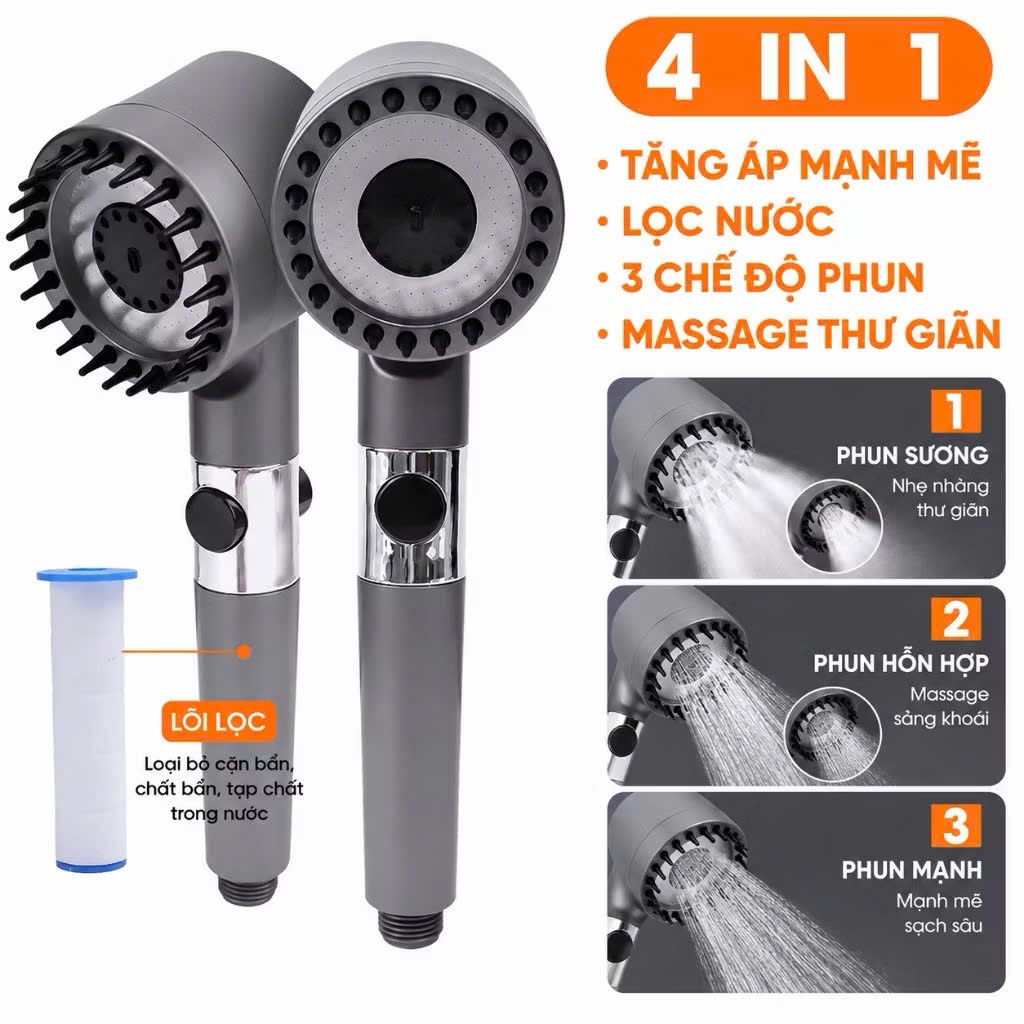 Vòi sen 3 chế độ áp suất cao, tích hợp bàn chải massage cơ thể