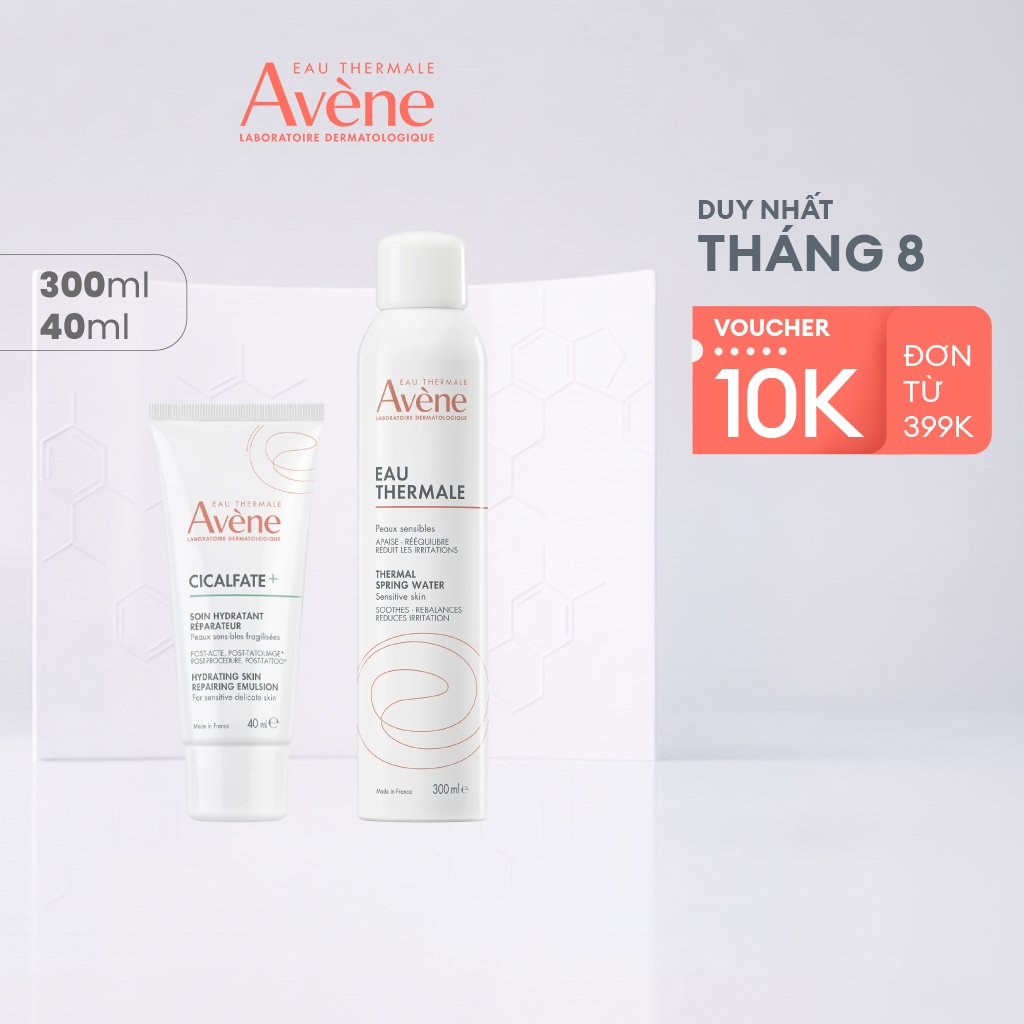 Combo giúp làm dịu, phục hồi da sữa dưỡng phục hồi Avène Cicalfate+ Emulsion 40ml & Xịt khoáng cấp ẩm 300ml