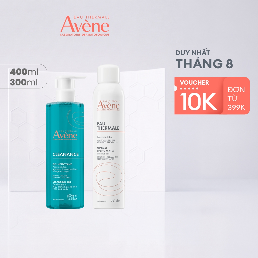 Bộ đôi làm sạch và dịu da nước xịt khoáng cấp ẩm AVÈNE 300ml và gel rửa mặt tạo bọt cho da dầu nhạy cảm 400ml