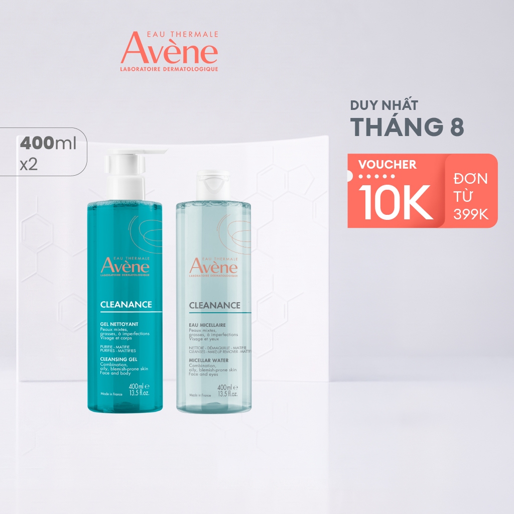 Combo Gel rửa mặt và Nước tẩy trang cho da dầu mụn Avène CLEANANCE Cleansing Gel 400ml