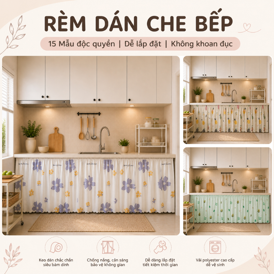 Rèm Dán Bếp Mini, Không Cần Khoan, Che Chắn Đồ Đạc, 20 Mẫu Độc Quyền Trang Trí Đẹp Mắ, Tặng Keo Dán