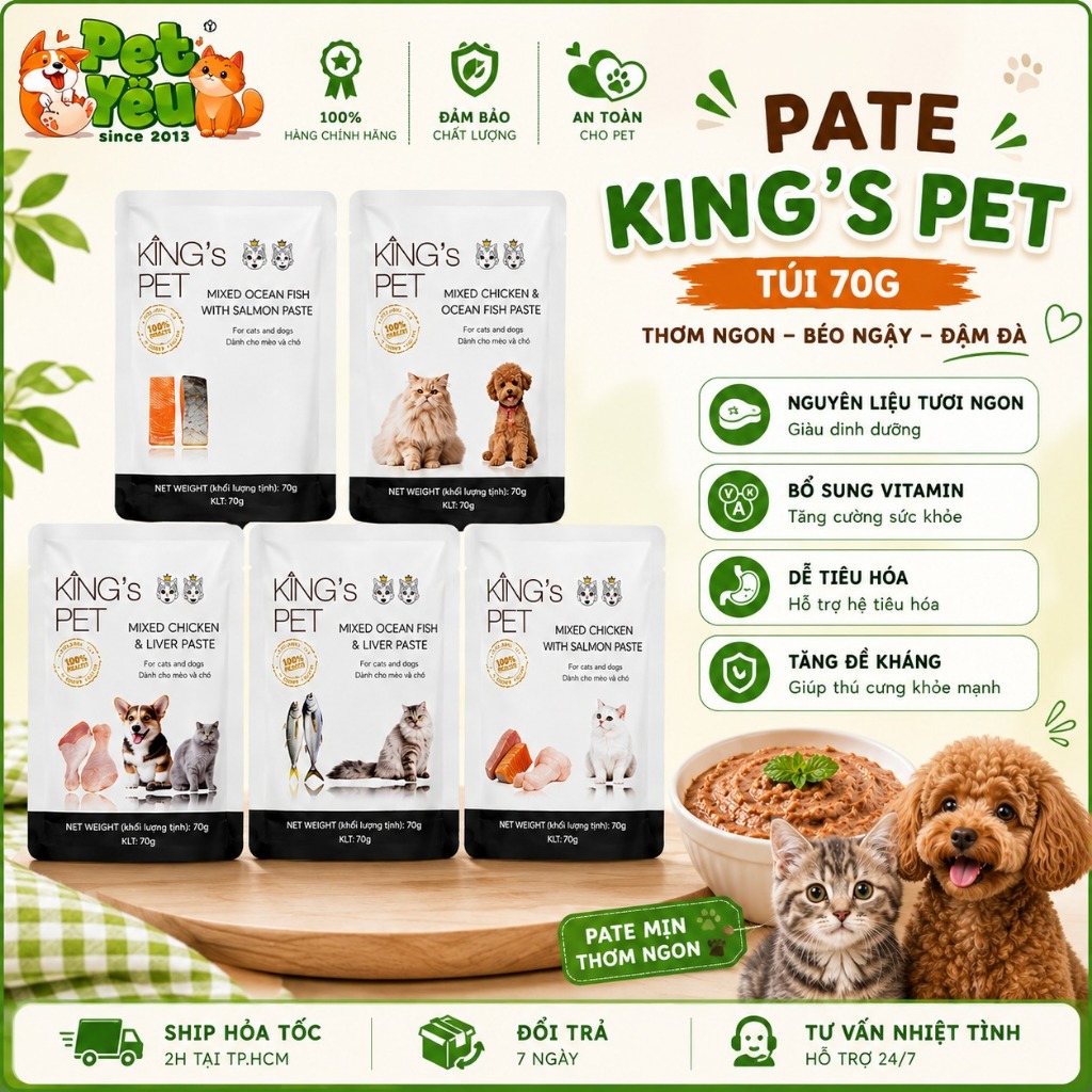 ( HÔP ) PATE KING’S PET 70G – TÚI NHỎ TIỆN LỢI, BOSS ĂN LÀ MÊ  mix vị ngẫu nhiên