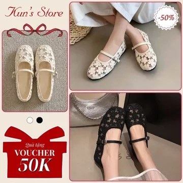 𝐓𝐃𝟎𝟎𝟖 - Giày búp bê nữ đế bệt lưới thêu hoa mũi tròn vuông, giày búp bê nữ quai ngang êm chân xinh xắn Hàn Quốc