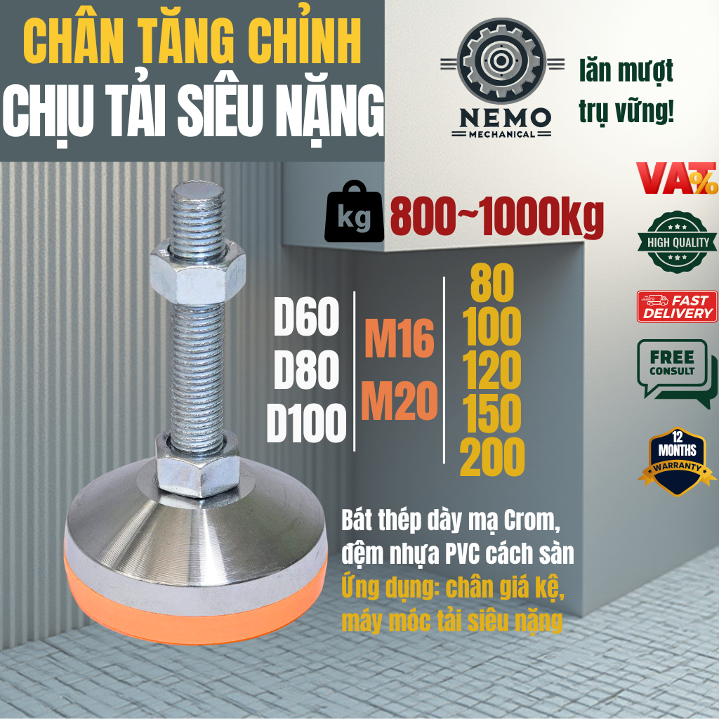 Chân tăng chỉnh chịu tải siêu nặng, mạ crom, dùng cho giá kệ, máy móc hạng nặng trên 2 tấn