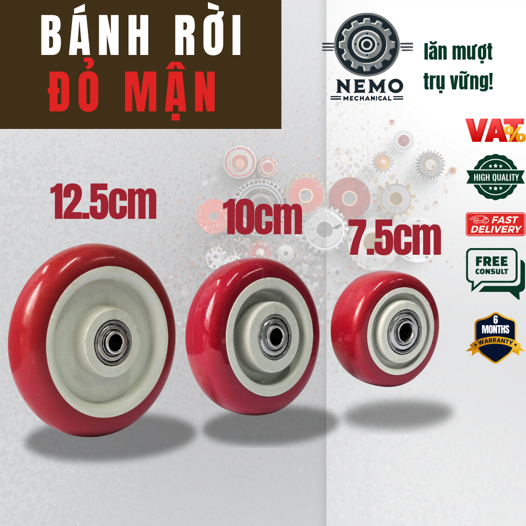 Bánh xe rời đỏ mận (không càng), có bạc đạn, thay thế bánh xe đẩy hàng hỏng, tiết kiệm chi phí