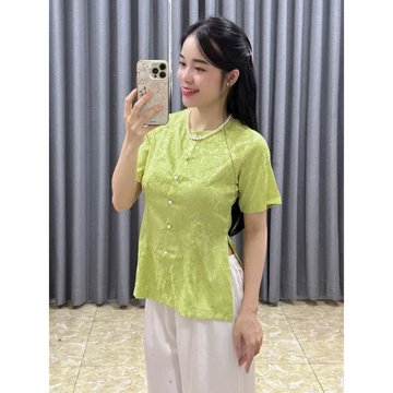 ÁO BÀ BA GẤM TAY NGẮN TÚI ÁO CÓ THỂ CÓ HOẶC KHÔNG) Bộ quần áo mặc nhà, Quần Áo nữ Phật Tử, đồ lam Đi Chùa mẫu nữ gấm 01