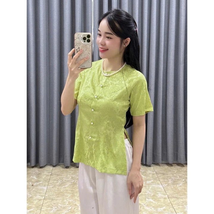 ÁO BÀ BA GẤM TAY NGẮN TÚI ÁO CÓ THỂ CÓ HOẶC KHÔNG) Bộ quần áo mặc nhà, Quần Áo nữ Phật Tử, đồ lam Đi Chùa mẫu nữ gấm 01
