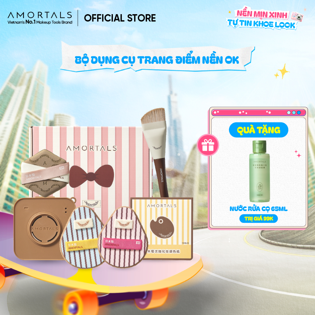 Bộ Bông Mút & Cọ Tán Nền Amortals OK 6 Món – Trọn Bộ Trang Điểm Dễ Dùng Cho Người Mới, Nền Mịn Lì