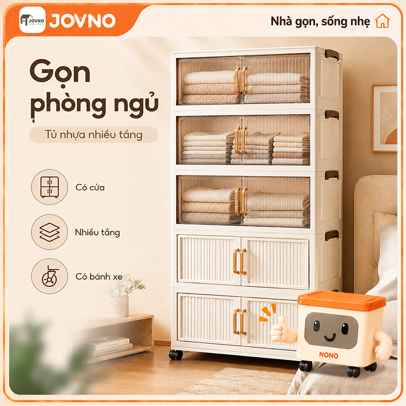 JOVNO Tủ Nhựa Nhiều Tầng Gấp Gọn Có CửaTủ Quần Áo Đa Năng Phòng Ngủ Kệ Để Đồ Có Bánh Xe
