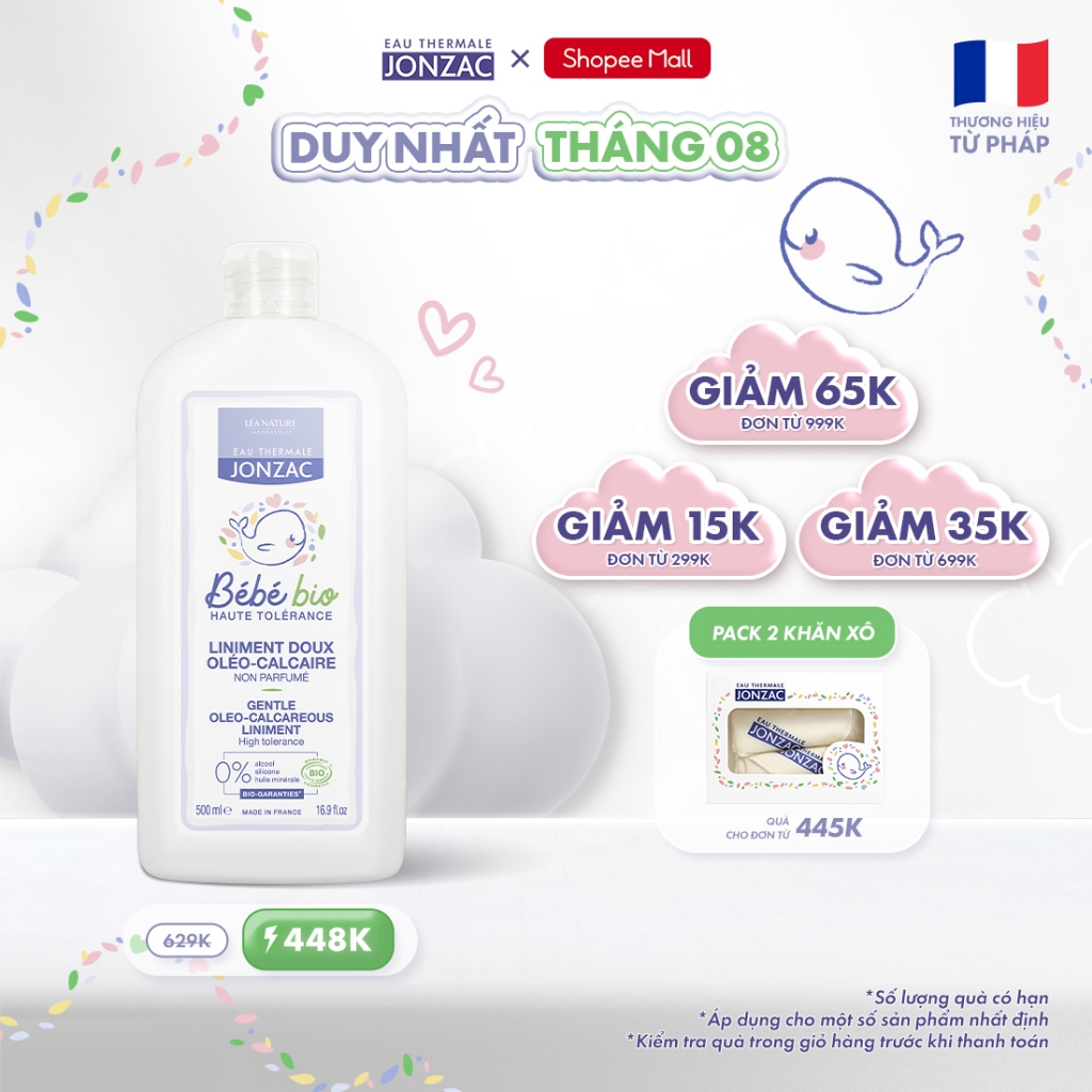 Dung dịch vệ sinh chống hăm tã hữu cơ JONZAC - Giữ ẩm làm mềm nuôi dưỡng làn da bé (500Ml-1L)
