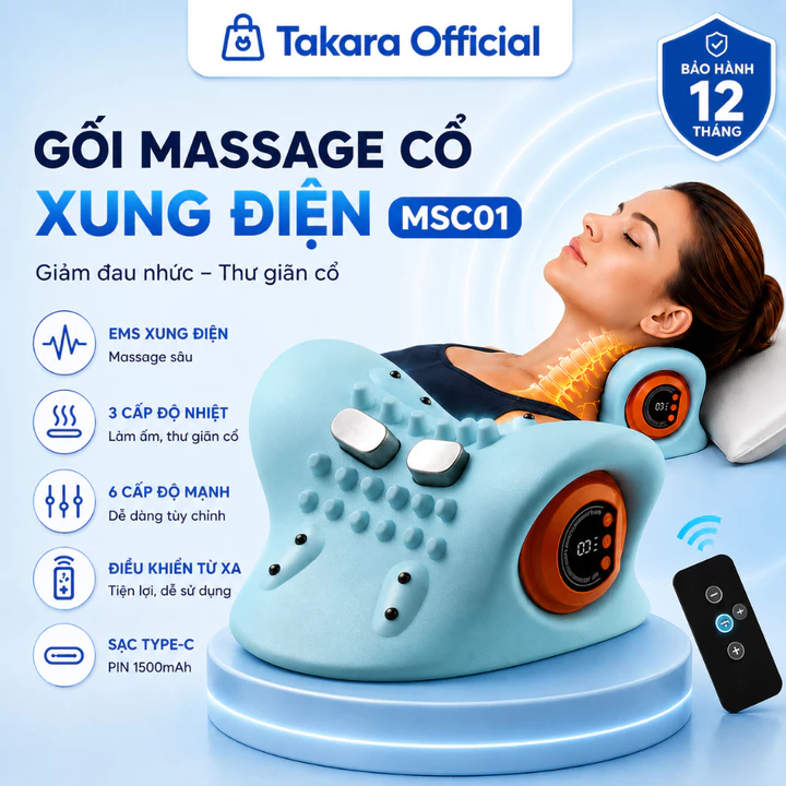 Gối massage cổ Takara MSC01, gối mát xa xung điện EMS kết hợp nhiệt chườm ấm giúp giảm đau, thư giãn cổ vai gáy