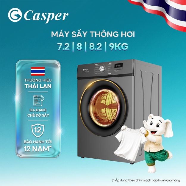 Máy sấy thông hơi Casper 7.5KG/ 8KG/ 9KG - Sấy giảm nhăn, bảo vệ vải - TD-E75VW1/ TD-EE8VG1/TD-E82VG1/TD-E9VG