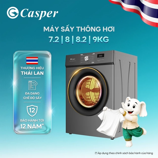 Máy sấy thông hơi Casper 8KG/ 9KG - Sấy giảm nhăn, bảo vệ vải - TD-EE8VG1/TD-E82VG1/TD-E9VG