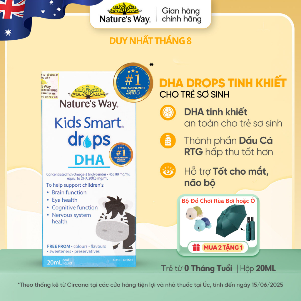DHA Drops Nature's Way Kids Smart Bổ Sung DHA, Omega 3, Thành Phần Dầu Cá RTG Hỗ Trợ Tốt Cho Não Và Mắt Cho Bé 20ml