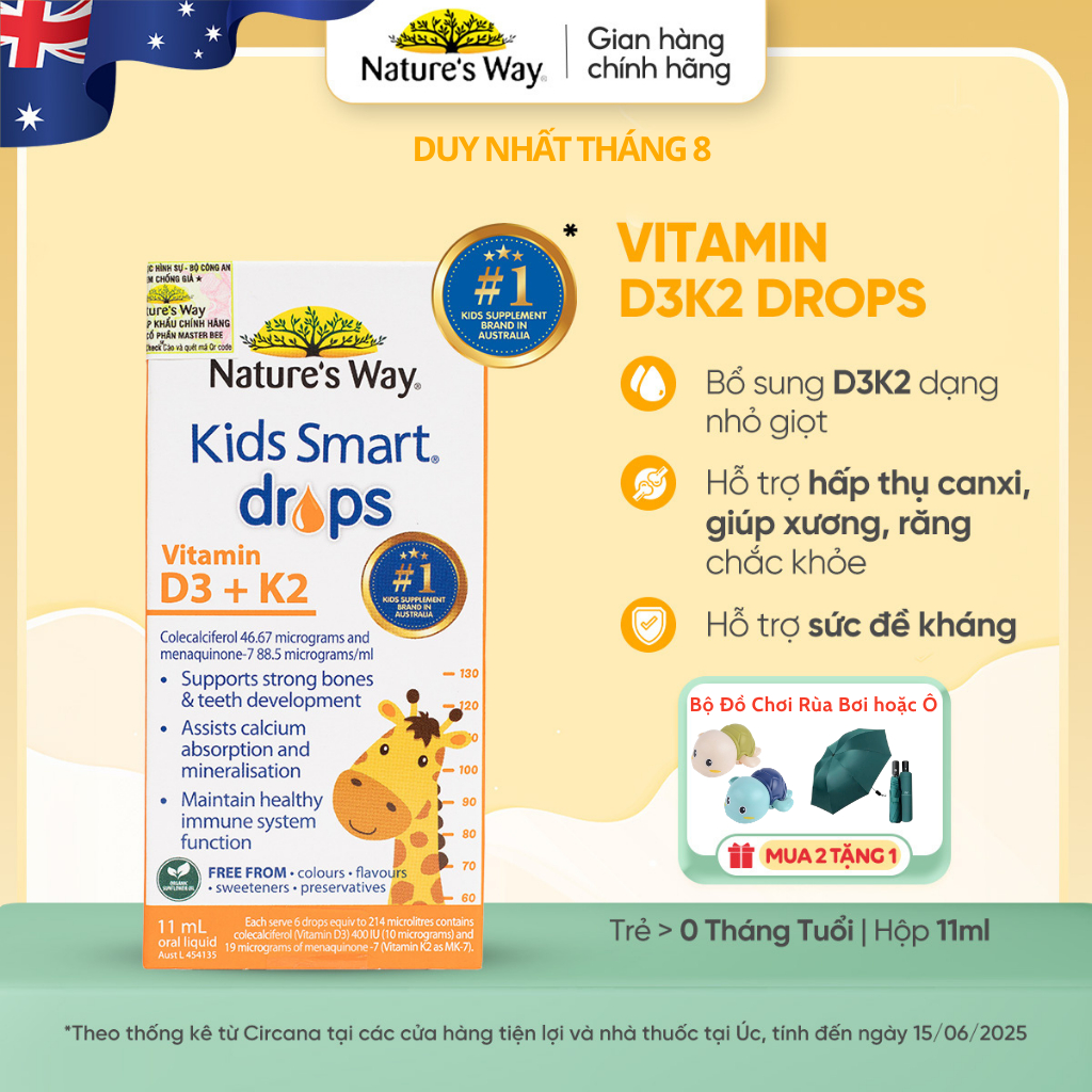 Vitamin D3K2 Nature's Way, Với Dầu Hoa Hướng Dương Organic, Giúp Bổ sung Vitamin D3, K2-MK7 Cho Trẻ Sơ Sinh Hộp 11ml