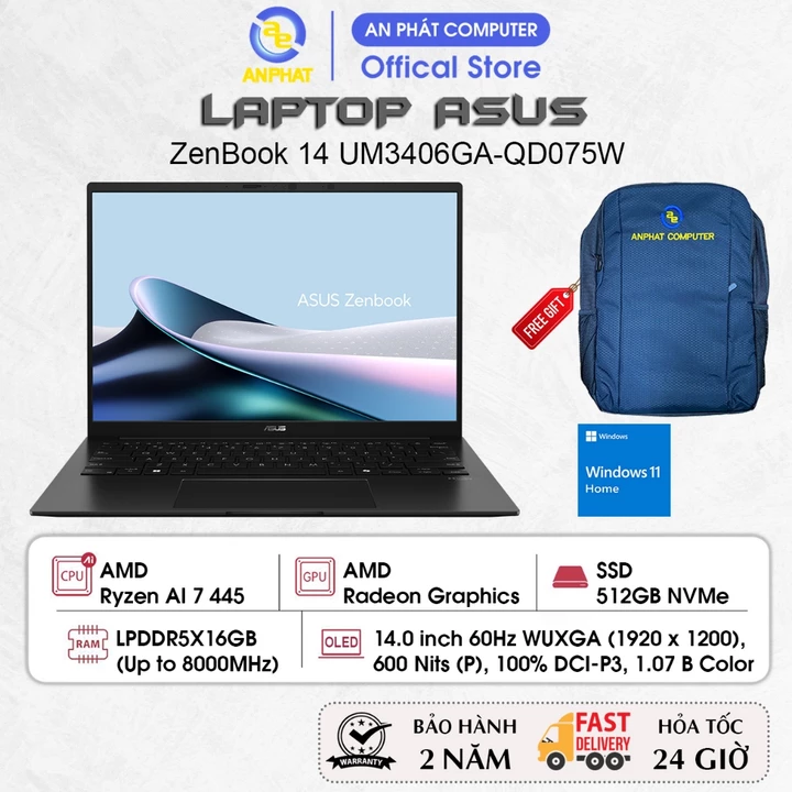 Laptop ASUS ZenBook 14 UM3406GA-QD075W, Ryzen AI 7 445, 16GB RAM, 512GB SSD, 14.0 FHD+ OLED HDR, Win11