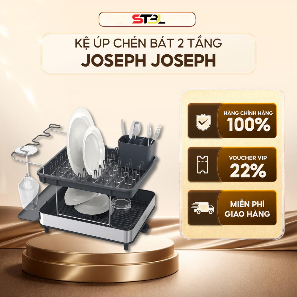 Kệ úp chén bát 2 tầng Joseph Joseph Excel Steel (Grey) 851647,Khay đựng bát đĩa tiện lợi có giá đỡ ly SNTKITCHEN 450215