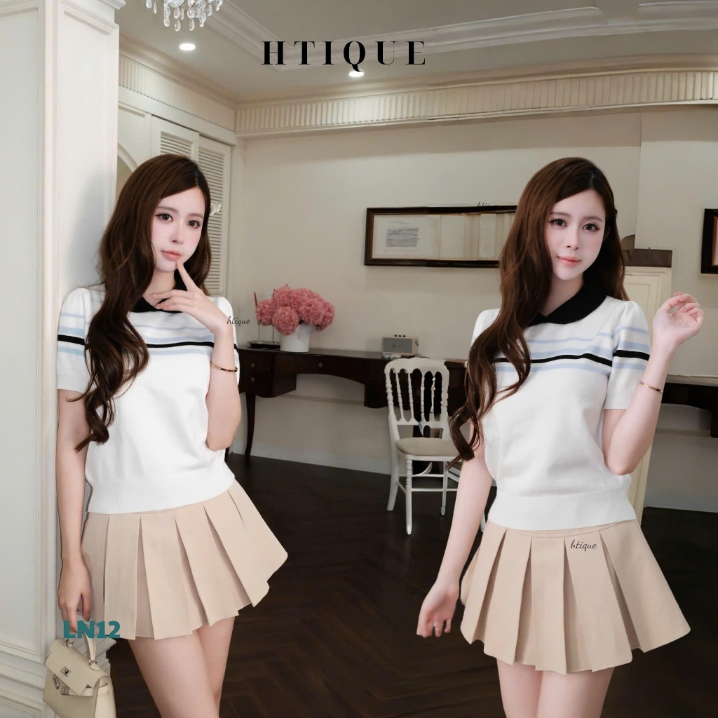 (BACK TO SCHOOL) HTIQUE mở bán Áo Dệt Kim Nữ Phối Kẻ Sọc Tay Ngắn, Áo Len Kẻ Ngang Tay Ngắn Phong Cách Tiểu Thư LN17